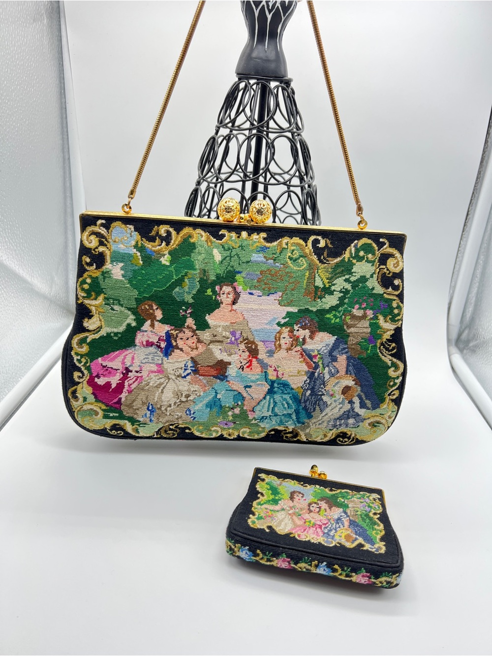 Vintage Tapestry Handbag & Matching Coin Purse Kiss Lock Gold Tone Chain